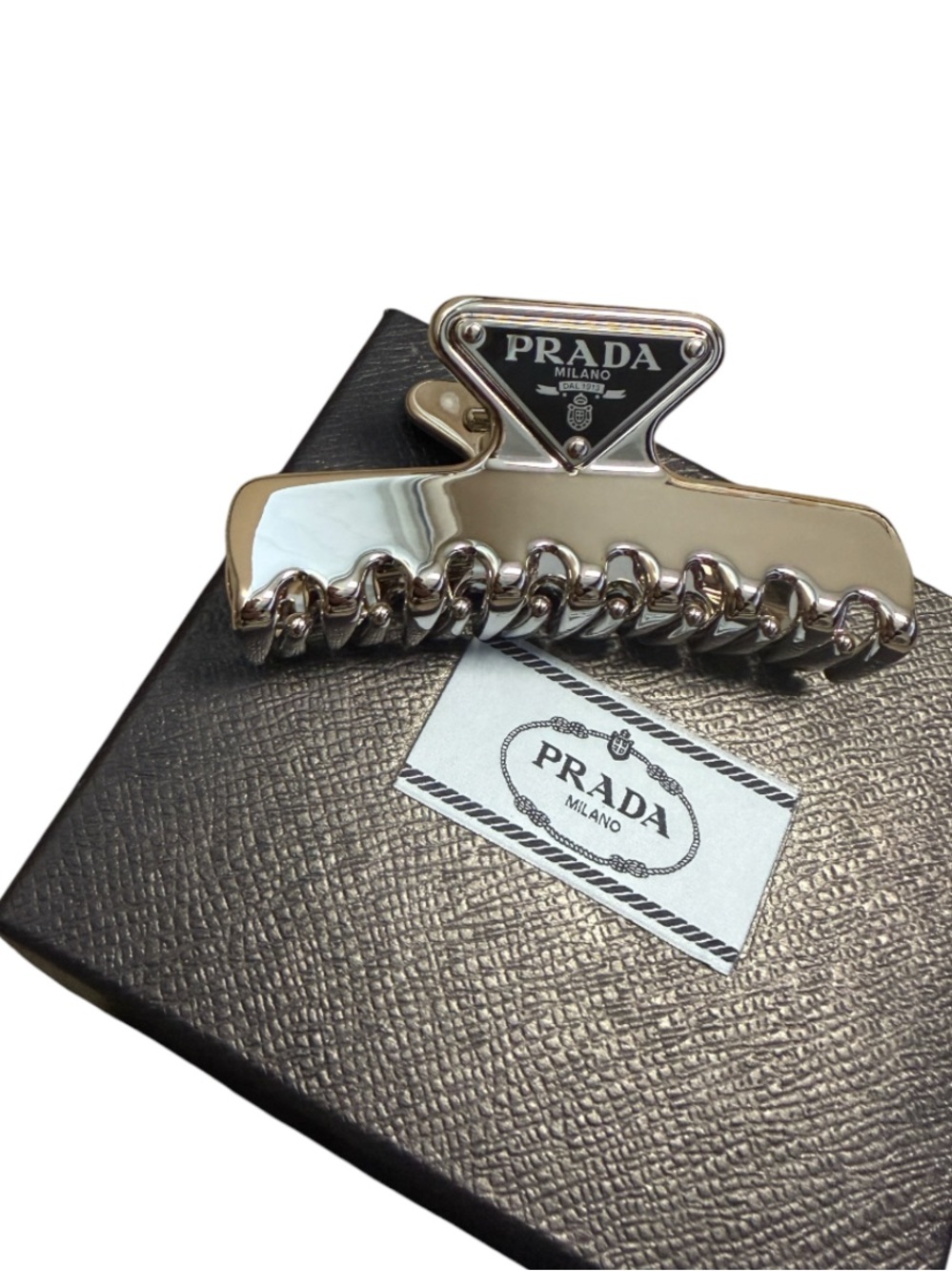 Prada Silver Metal Hair Claw Clip with Black Logo Triangle - Picture 3 of 10